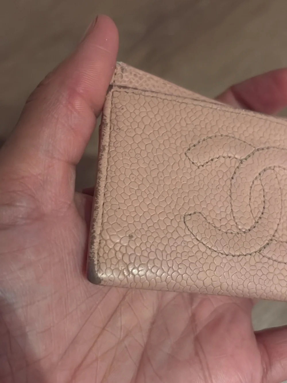 CHANEL Pink Caviar Leather Card Case with Embossed CC